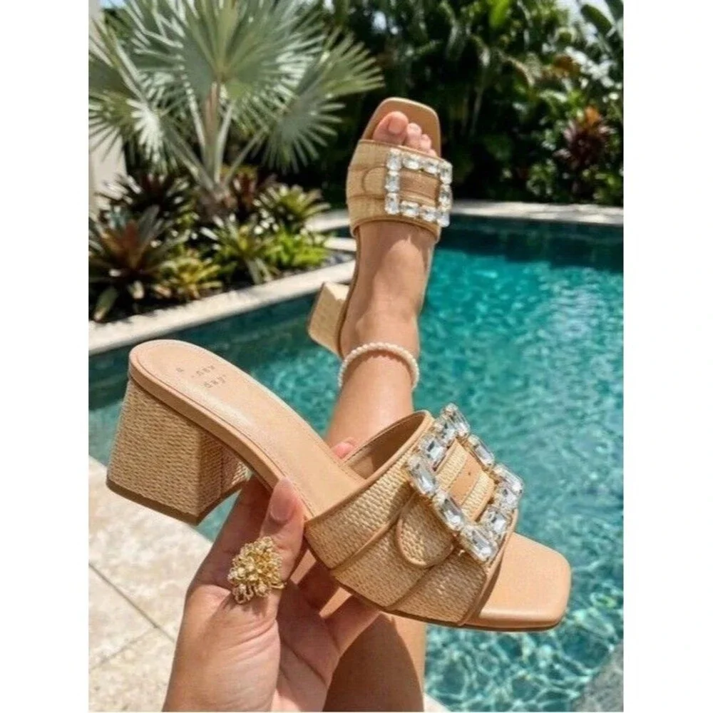 Women's Kathleen Raffia Buckle Block Heels - A New Day Beige Size 6.5 NWB - Picture 10 of 13